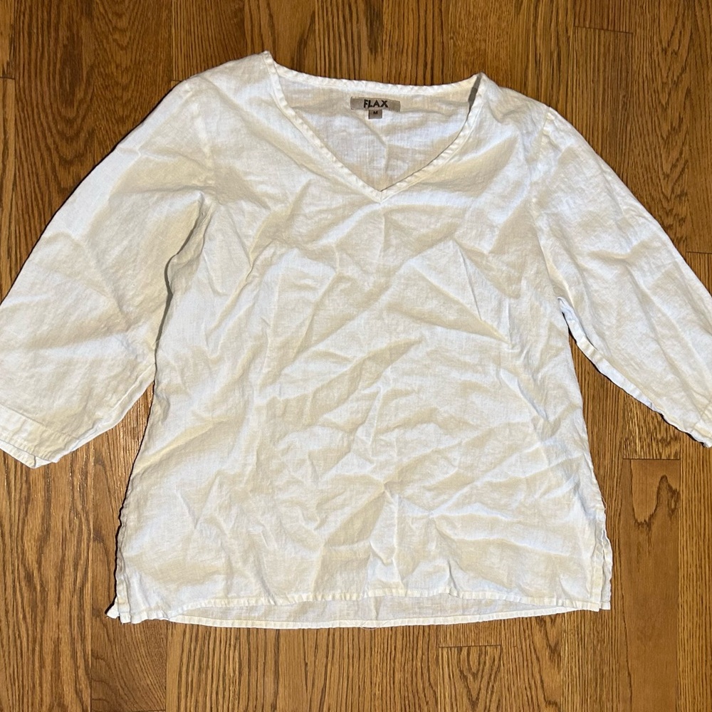 Flax White‎ V Neck Pullover Shirt Lagenlook Minimalist Quiet Luxury - Picture 5 of 11